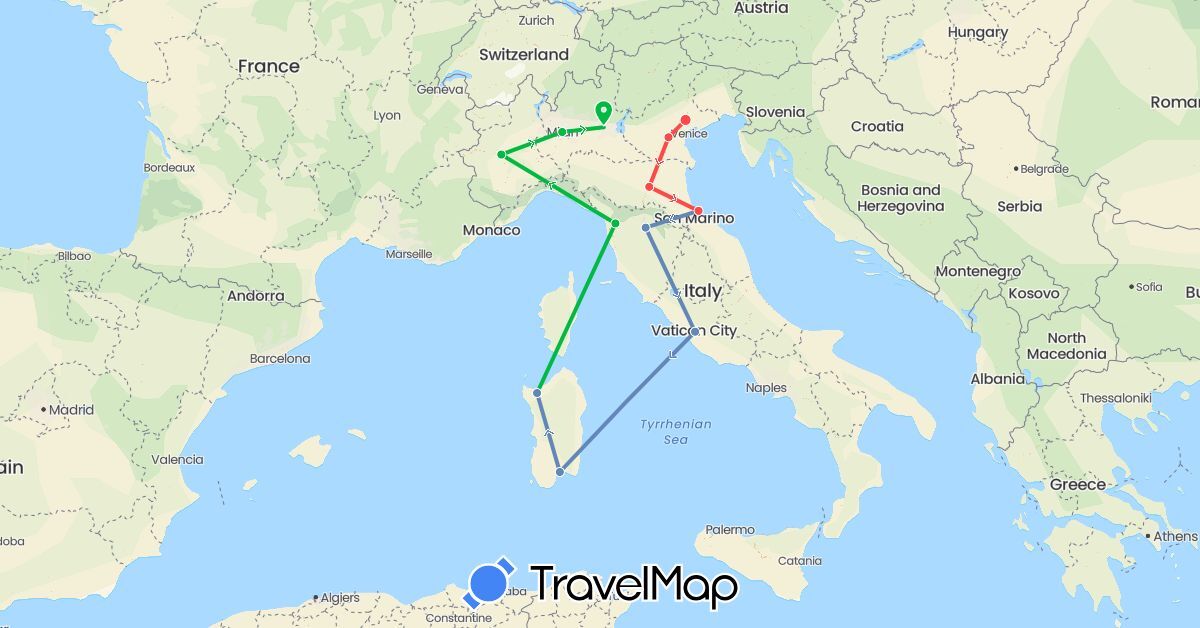 TravelMap itinerary: driving, bus, cycling, hiking in Italy (Europe)